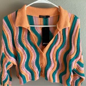 Nasty Gal Multicolor Wave Knit Cardigan Cropped Sweater